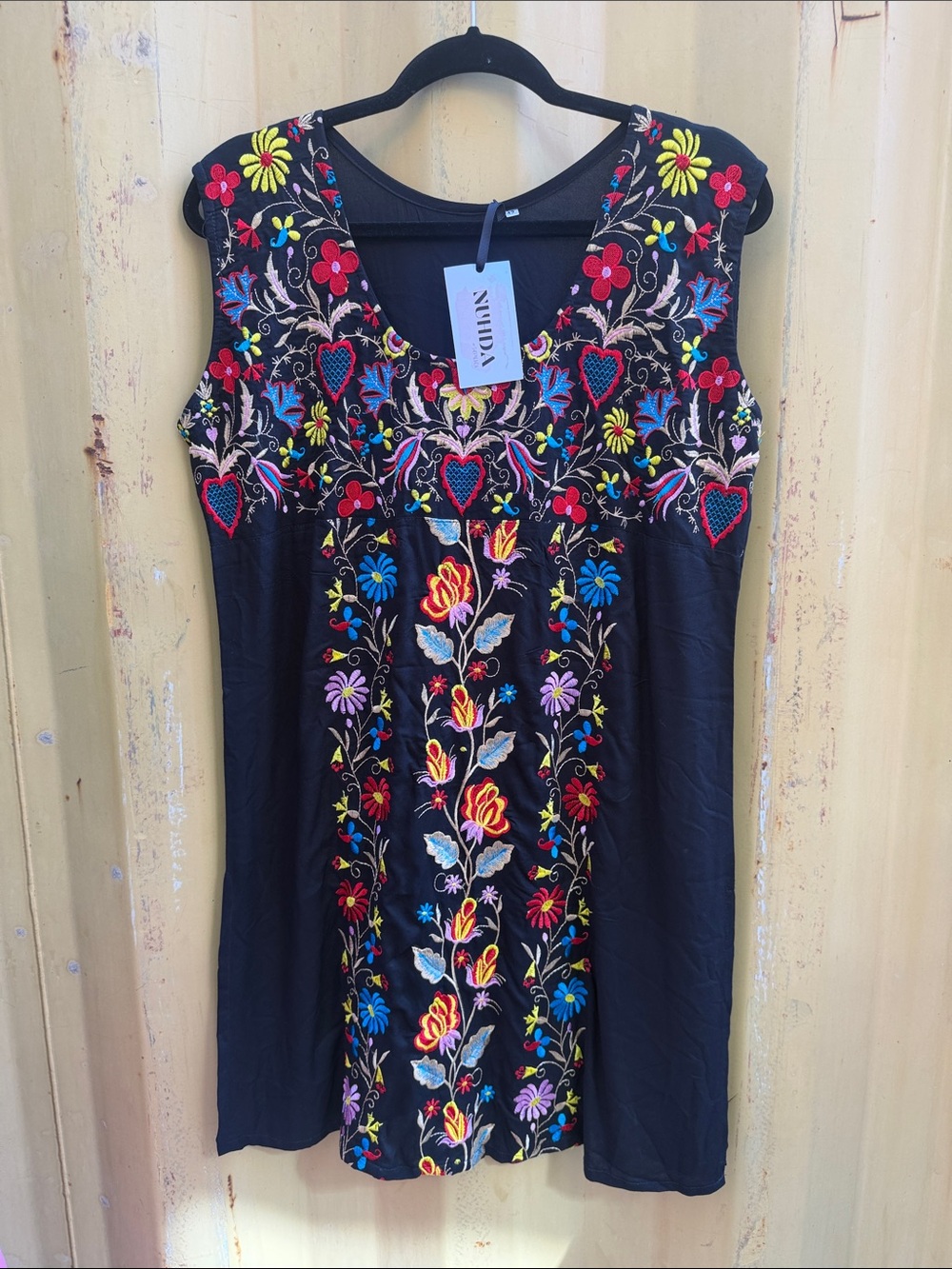 ViVI Black Sleeveless Midi Dress with Colorful Floral Embroidery